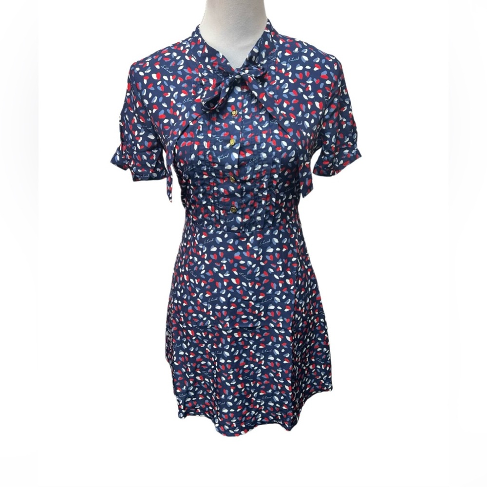 E Land Navy Print Short Sleeve Button Up Dress / Size: Small / Item# 34-757